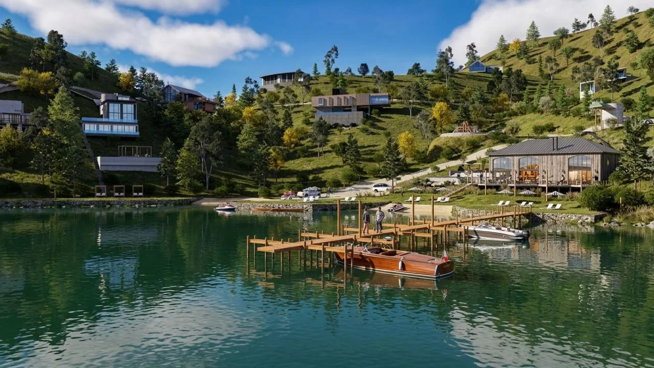 Render referencial del muelle con embarcaciones y la casa club a la orilla del lago