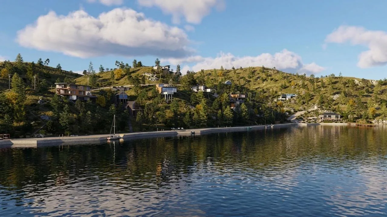 Render referencial del loteo visto desde el lago, con las casas escalonadas en la ladera